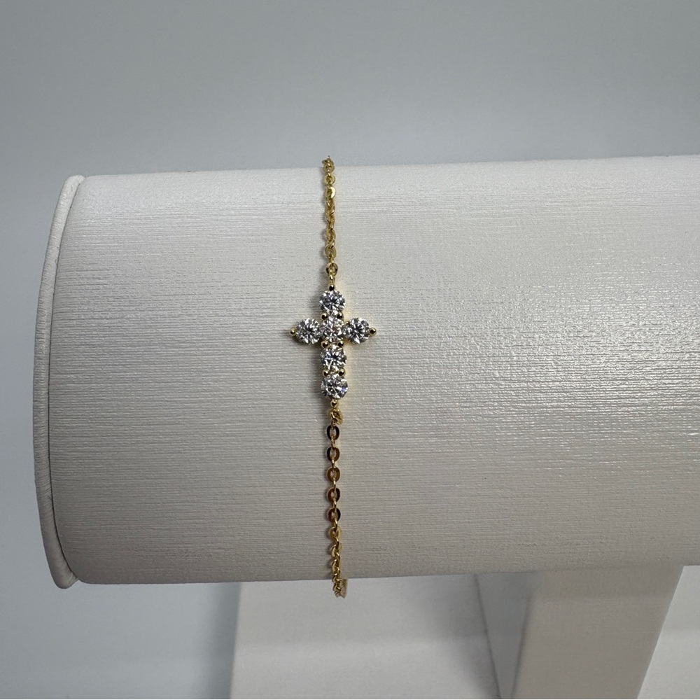 Dainty Authentic Gold Sterling Silver Moissanite Diamond Cross Bracelet